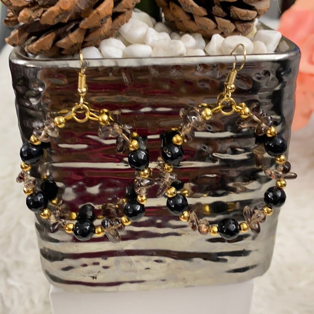 ARTISANAL 14k Gold plated 3" Round Wire Shape Crystal Handmade Earrings Beaded